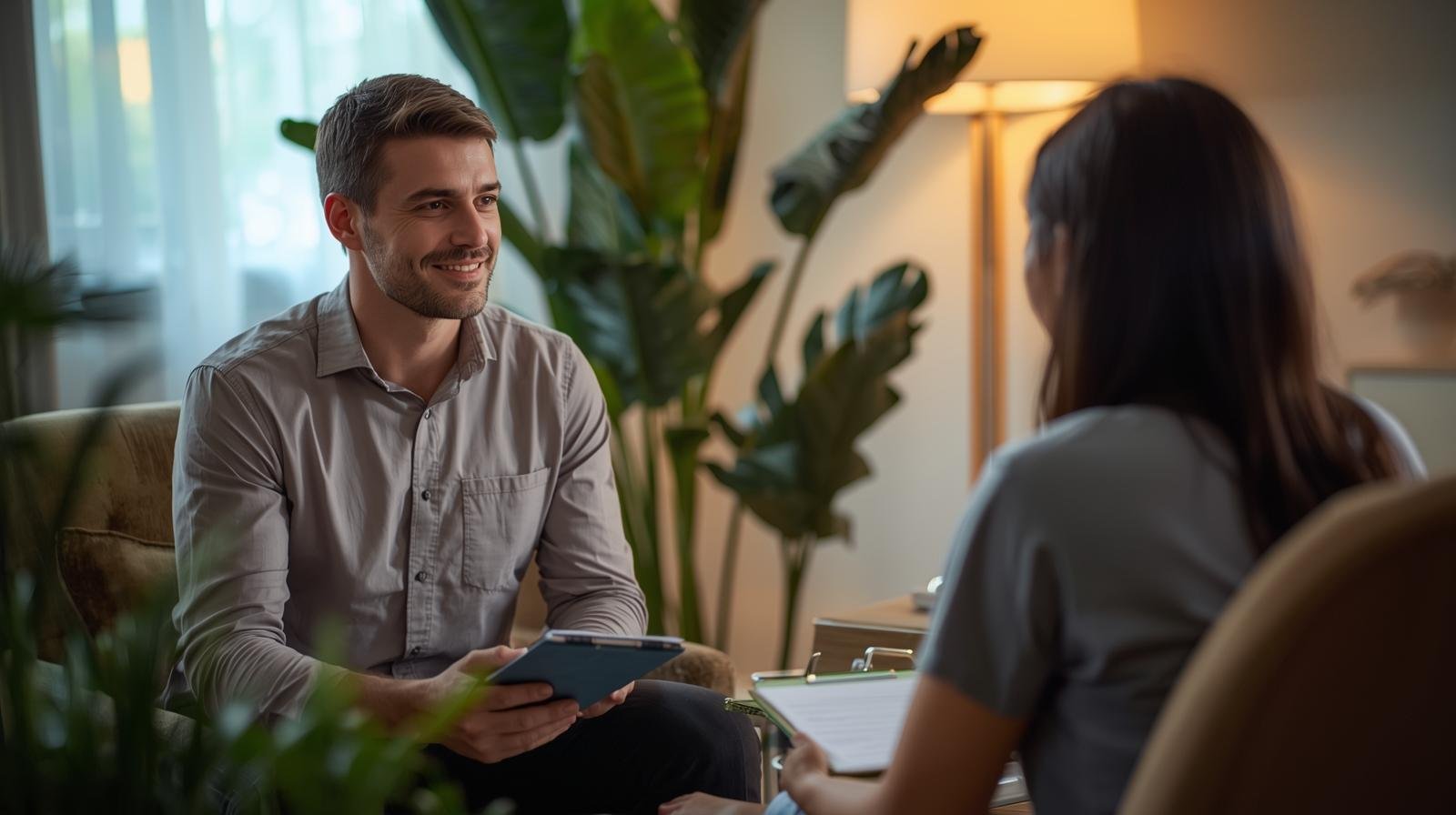 Gestion du stress et santé mentale pour les immigrants au Québec un thérapeute assis face à un immigrant dans un bureau chaleureux.