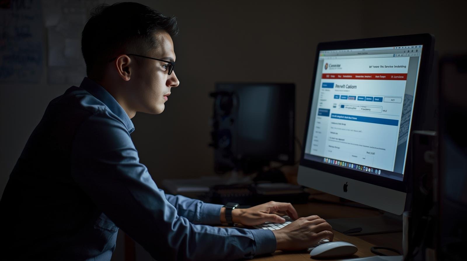 un travailleur assis devant son ordinateur en train de remplir une demande d’assurance emploi sur le site de service canada.