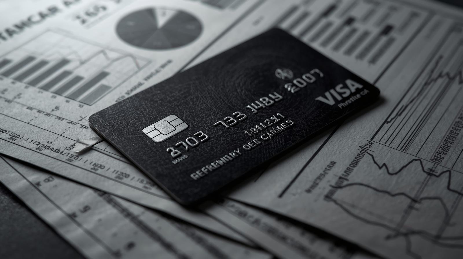 une carte de crédit posée sur une pile de factures avec des calculs