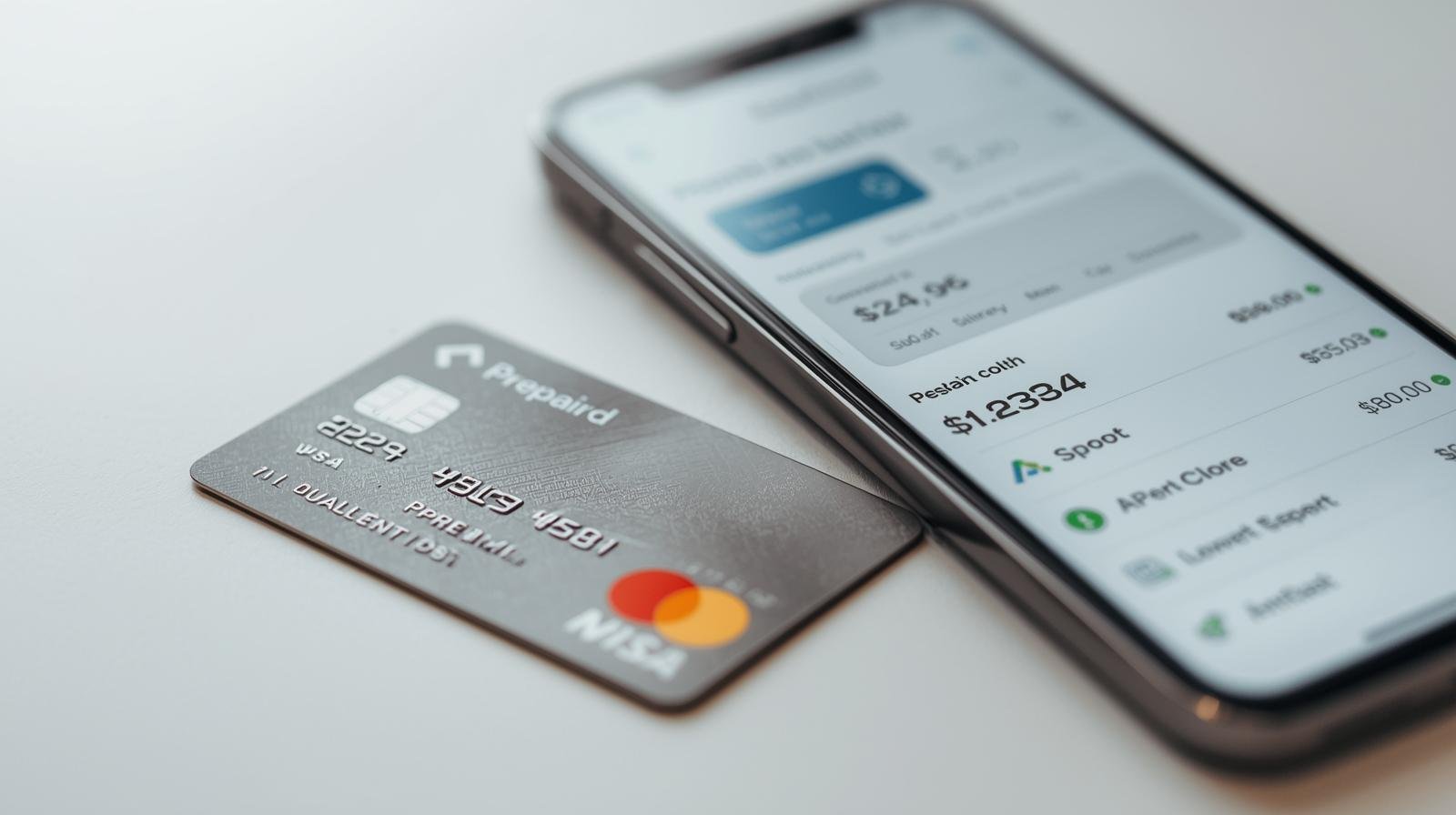 une carte prépayée visa ou mastercard avec un smartphone affichant un budget ou une application bancaire