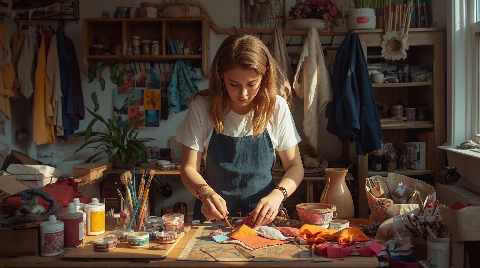 une créatrice québécoise travaillant sur ses produits artisanaux à domicile, entourée de matériel de création.