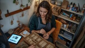 une femme artisanne dans son appartement transformé en mini atelier. elle emballe des bijoux faits main dans de petites boîtes kraft.
