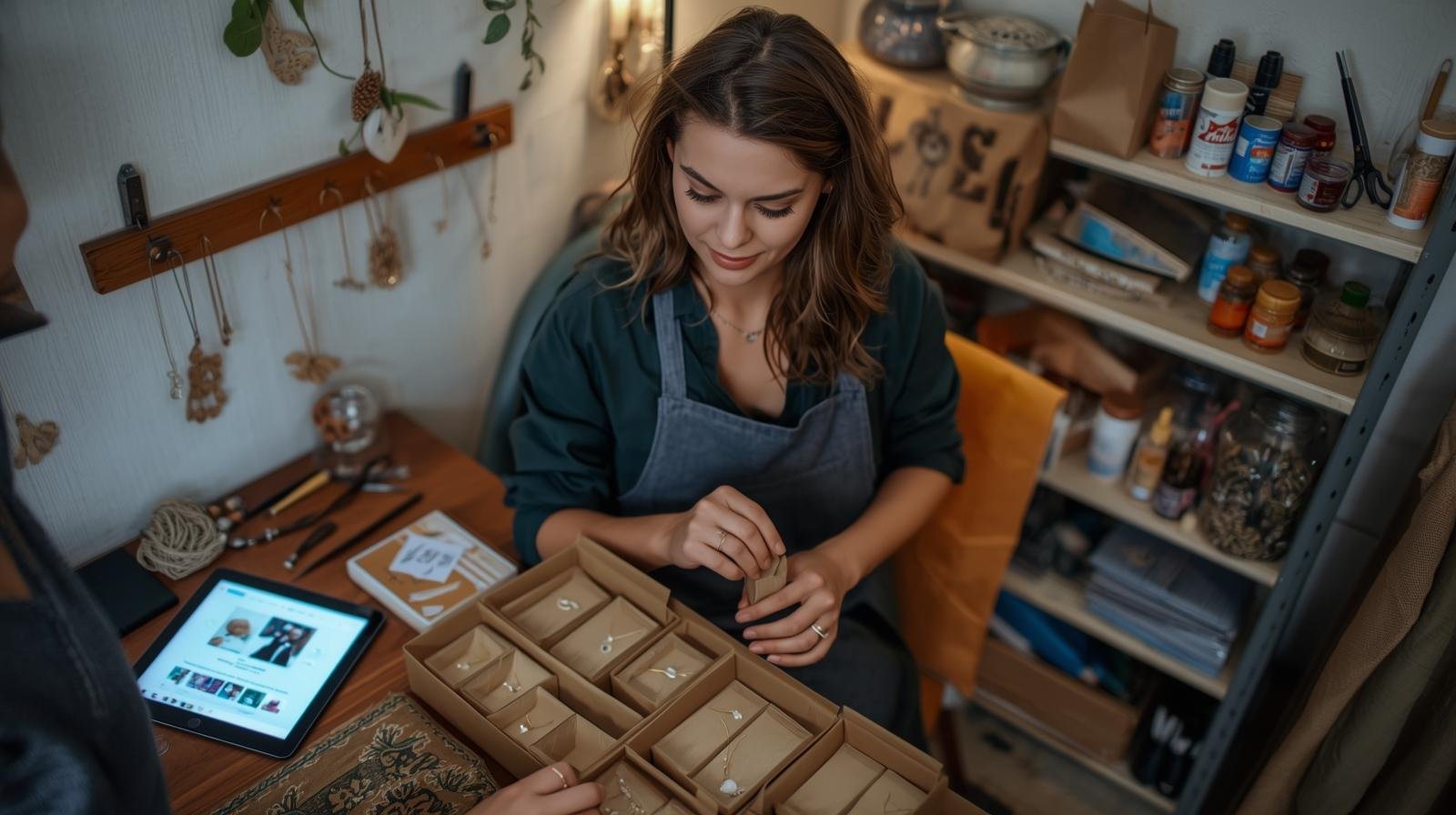 Commence petit, vise grand : entreprendre au Québec avec presque rien une femme artisanne dans son appartement transformé en mini atelier. elle emballe des bijoux faits main dans de petites boîtes kraft.