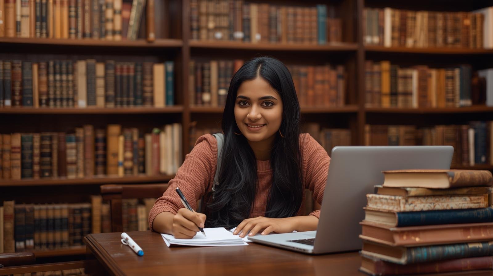 Immigration : Portraits de Réussite au Québec une jeune femme dans une bibliothèque universitaire, entourée de livres et de son ordinateur portable.