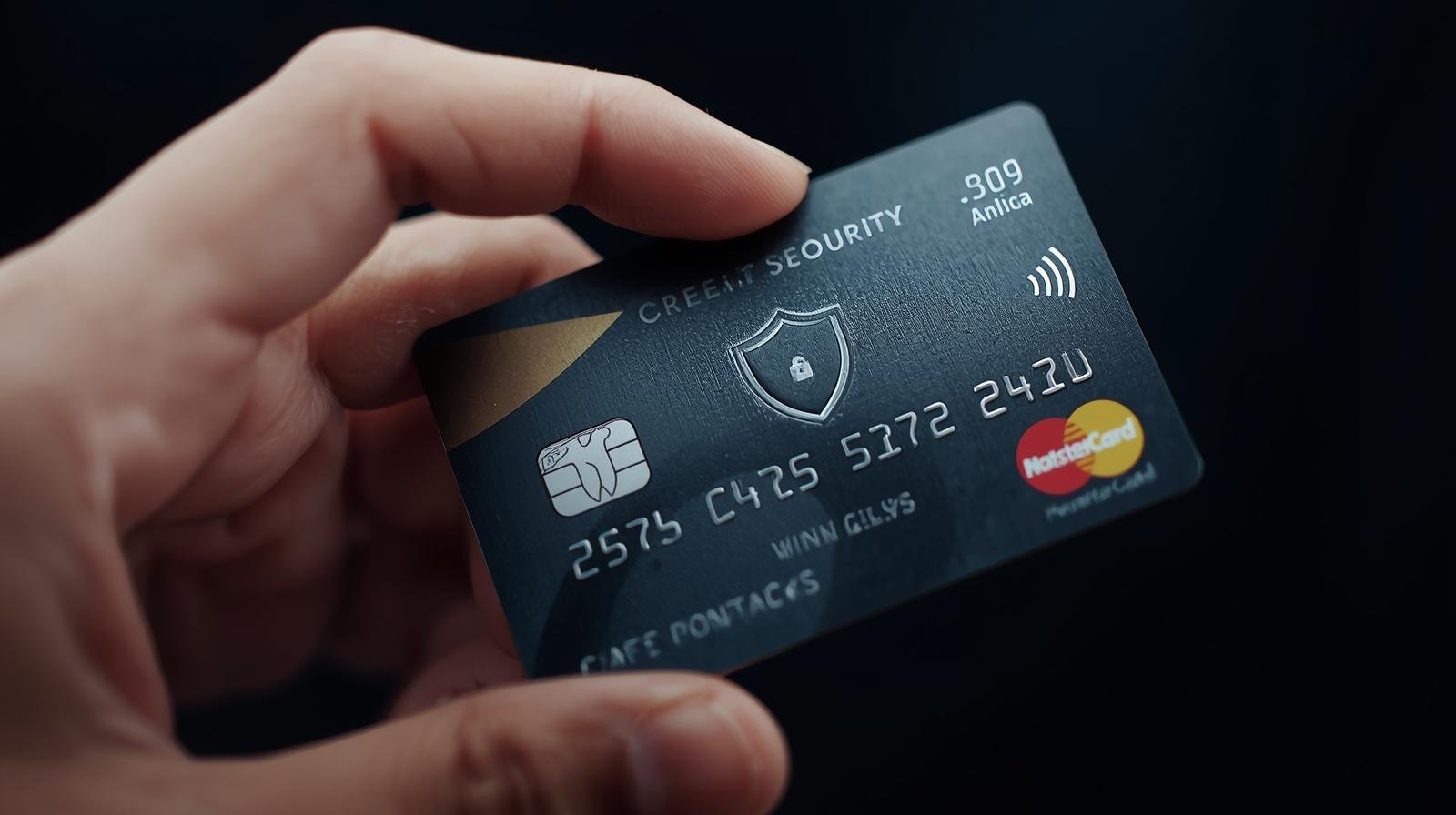 une main tenant une carte de crédit avec un symbole de bouclier et des icônes de récompense.