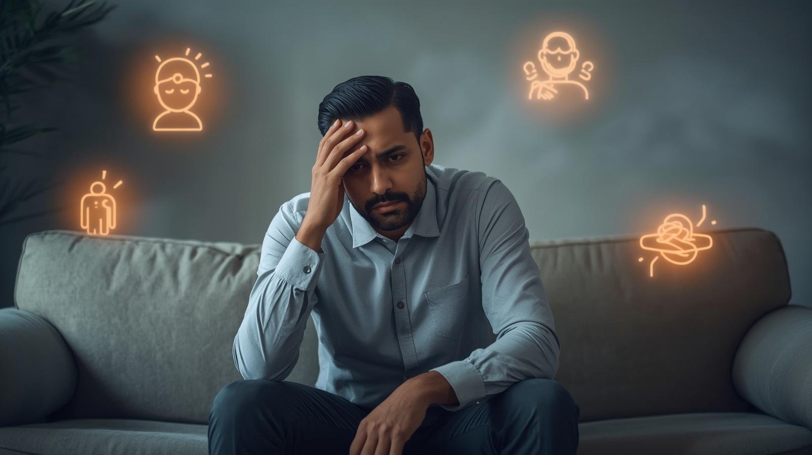 Gestion du stress et santé mentale pour les immigrants au Québec une personne assise sur un canapé, la main sur le front, entourée d’effets visuels flous qui symbolisent le stress mental.
