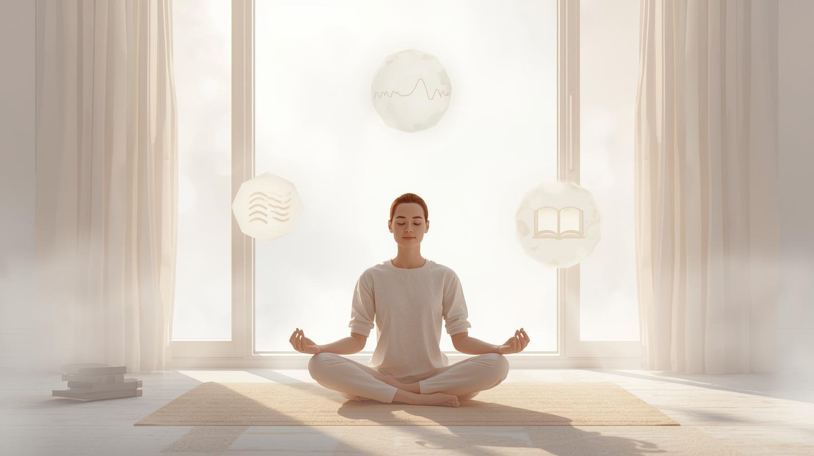 Gestion du stress et santé mentale pour les immigrants au Québec une personne méditant près d’une fenêtre avec de la lumière naturelle.