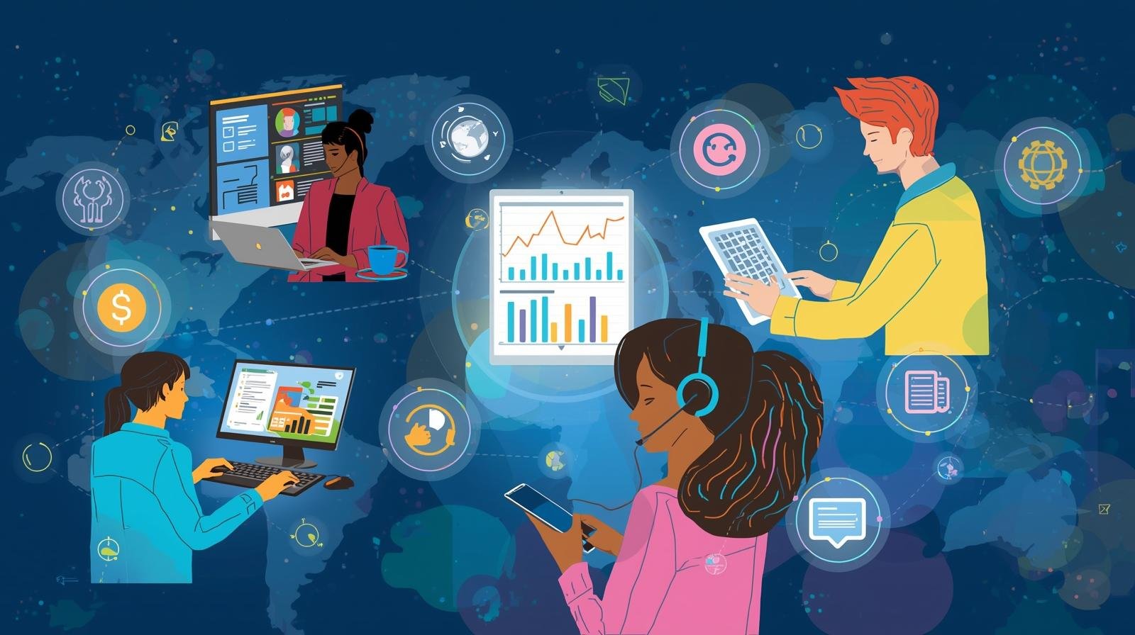 illustration moderne montrant différents métiers du télétravail