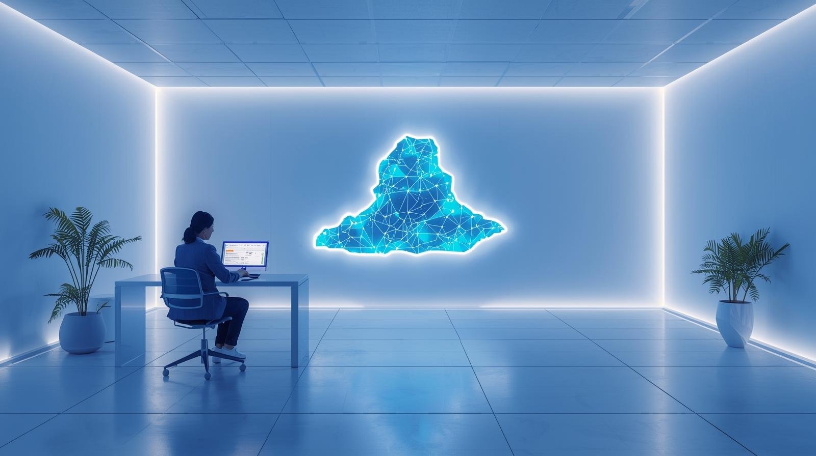 scène futuriste et épurée montrant un travailleur à distance dans un espace lumineux.