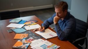 un adulte assis à une table, entouré de brochures et de documents sur différentes formations professionnelles,