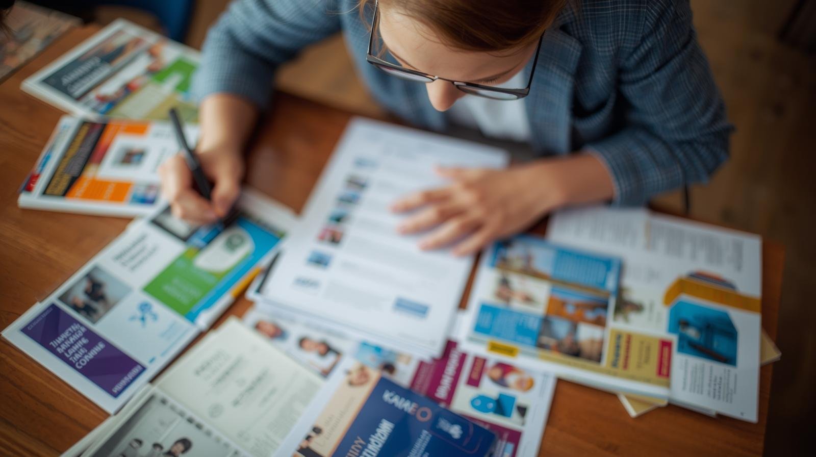 Reconversion professionnelle au Québec : pourquoi 30 ou 40 ans n’est pas trop tard un adulte assis à une table, entouré de brochures et de documents sur différentes formations professionnelles, prend des notes avec un stylo.