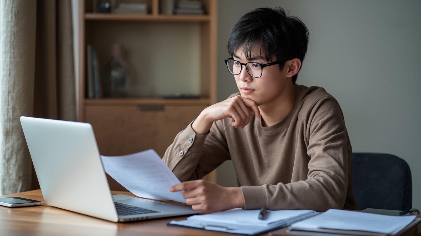 PEQ suspendu au Québec : solutions et alternatives pour la résidence permanente un étudiant étranger réfléchissant à ses options de résidence permanente au québec, avec des documents et un ordinateur devant lui.