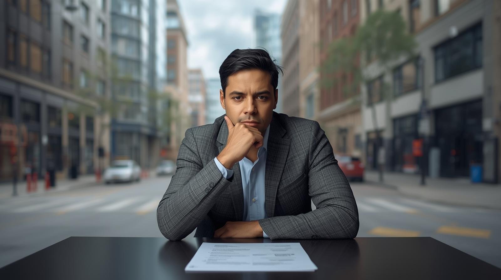 Reconversion professionnelle au Québec : pourquoi 30 ou 40 ans n’est pas trop tard un immigrant adulte, assis seul dans un espace urbain du québec, regarde pensivement son cv posé sur une table.